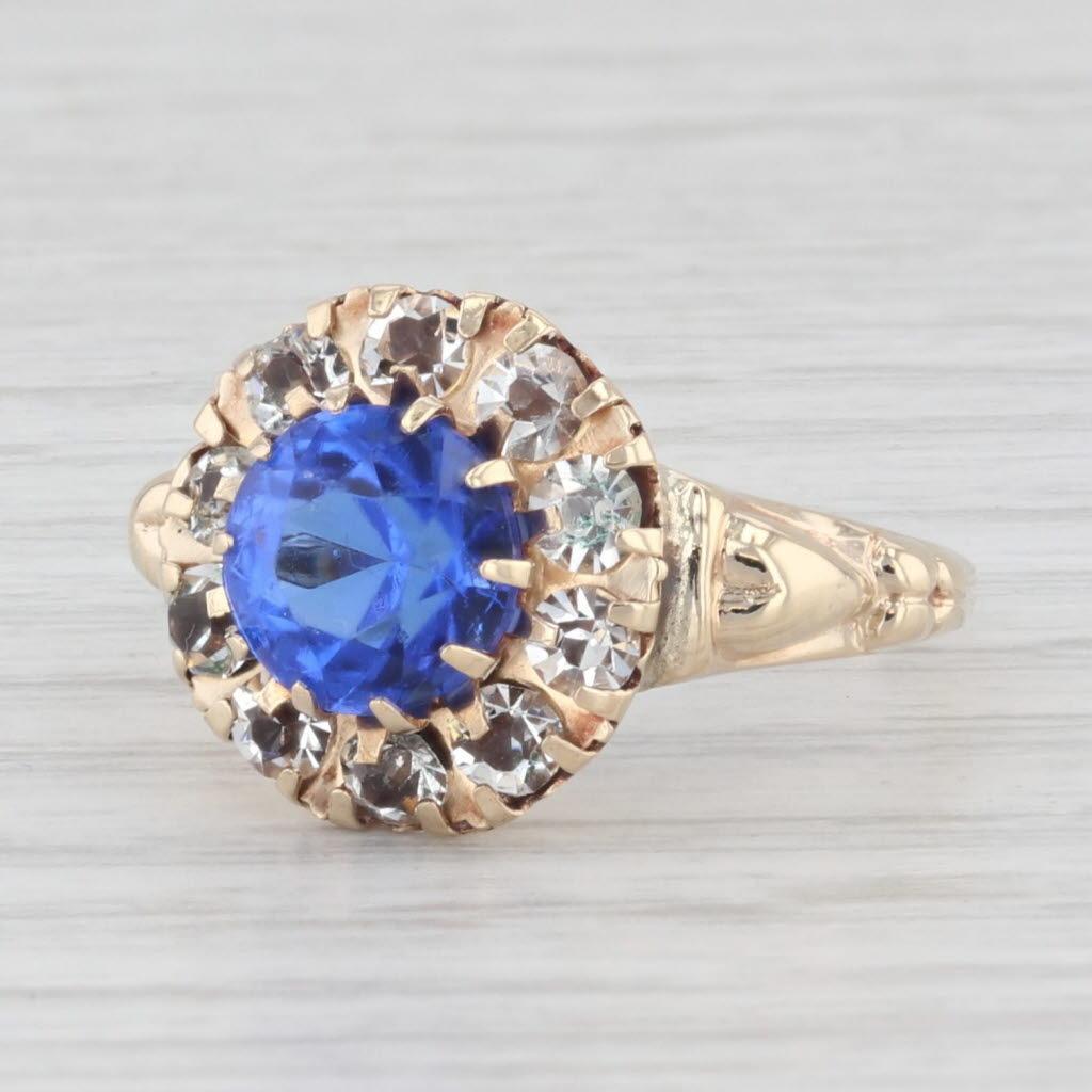 Vintage Blue Glass White Glass Halo Ring 10k Yellow Gold Size 6.5