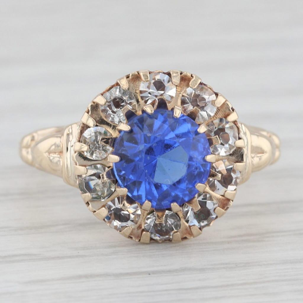Vintage Blue Glass White Glass Halo Ring 10k Yellow Gold Size 6.5