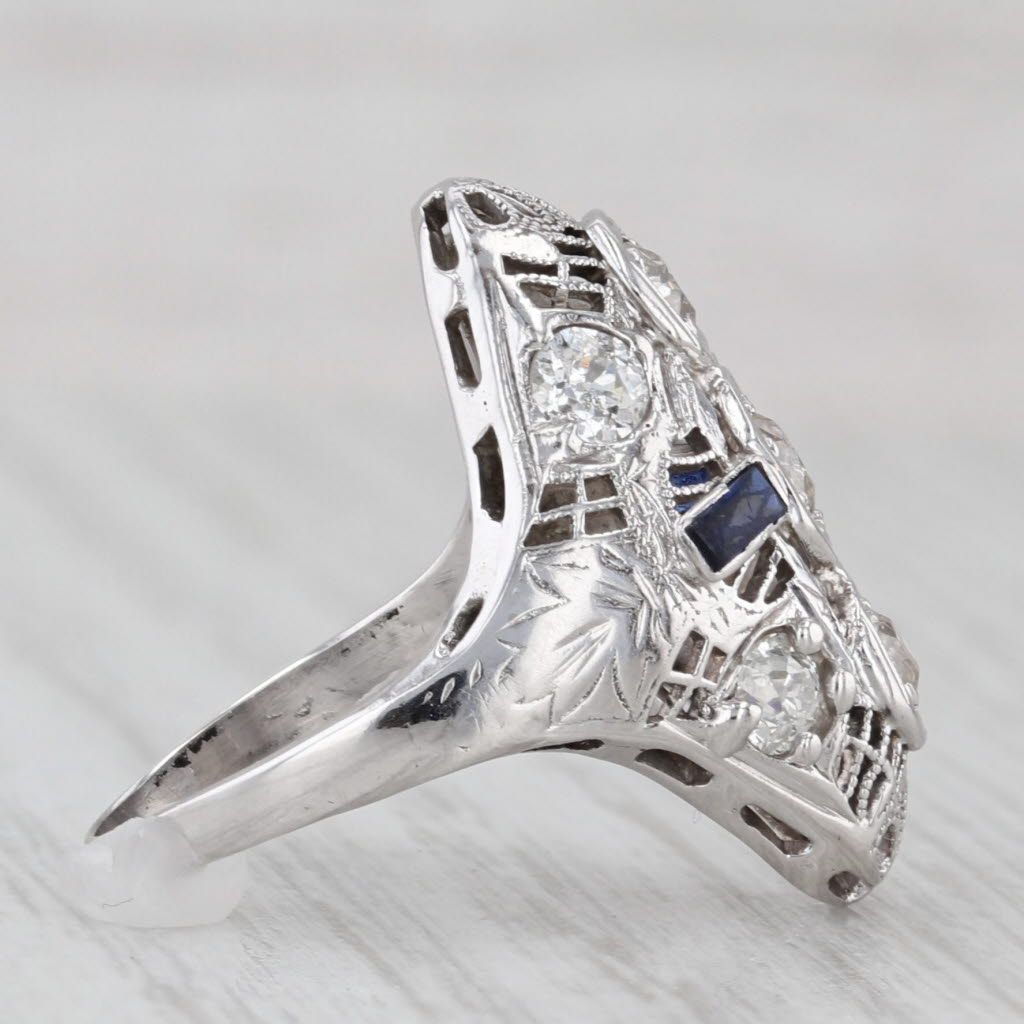 Light Gray Lab Created Sapphire Diamond Art Deco Ring 14k White Gold Size 4