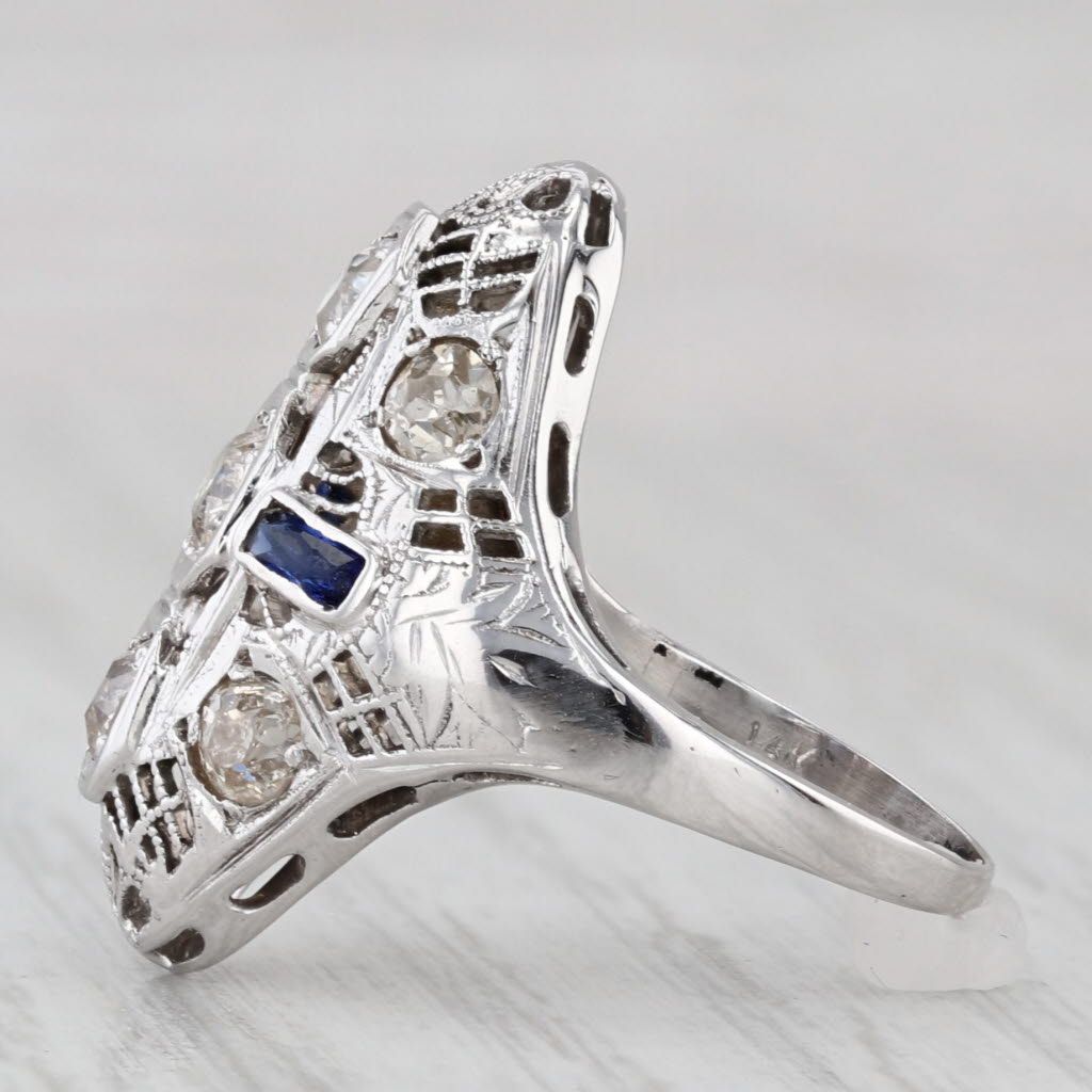 Light Gray Lab Created Sapphire Diamond Art Deco Ring 14k White Gold Size 4