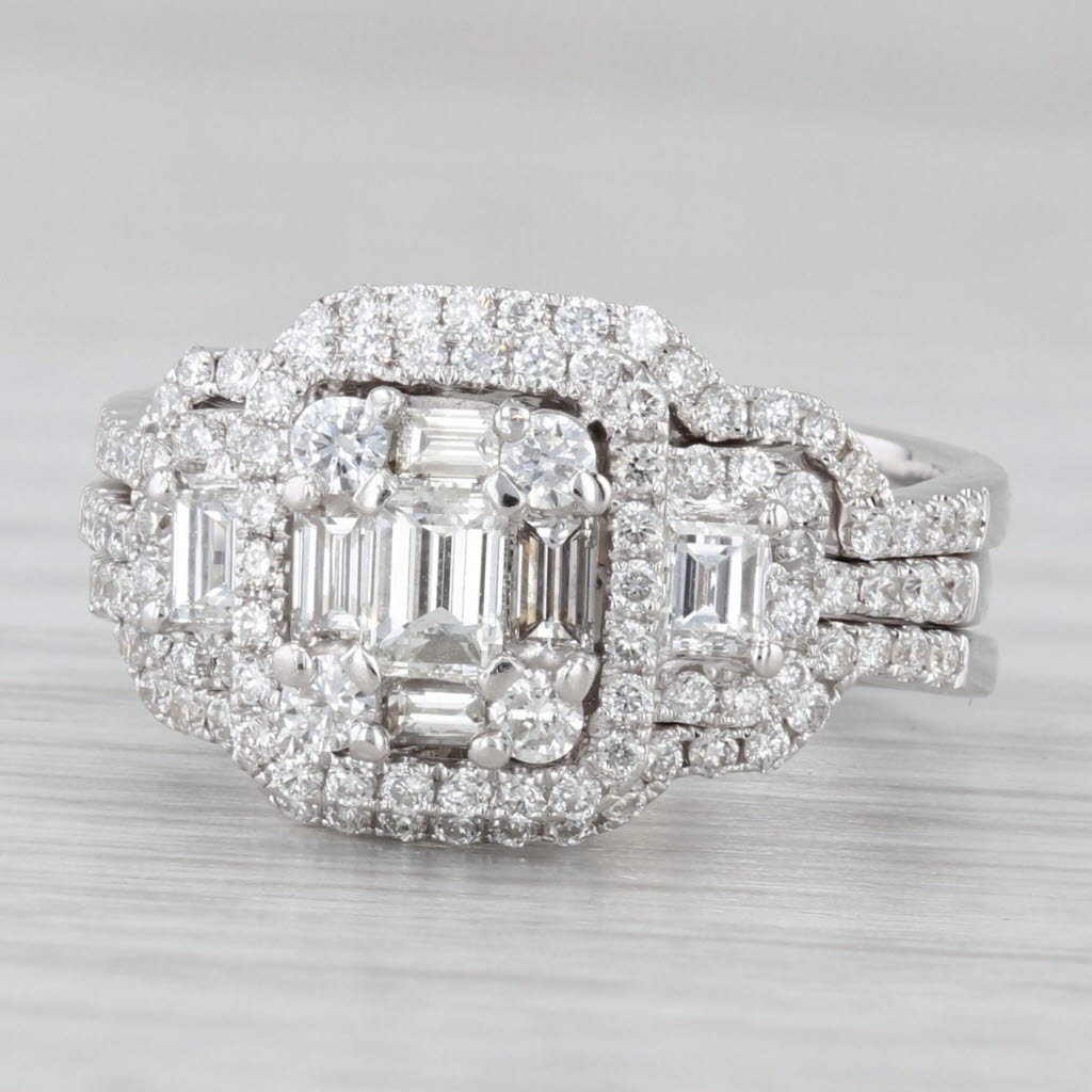 Gray 1.11ctw Diamond Halo Engagement Ring Wedding Bands Bridal Set 14k White Gold Size 5.5