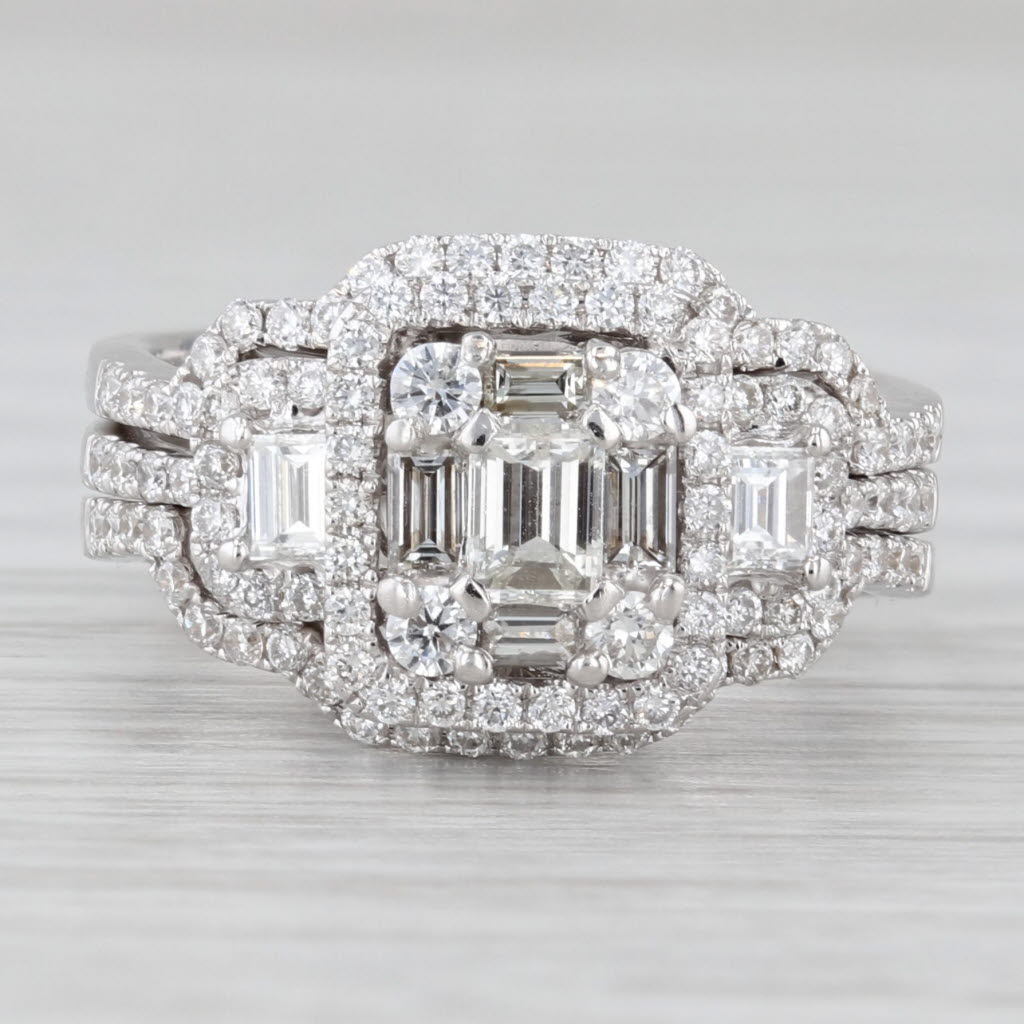 Light Gray 1.11ctw Diamond Halo Engagement Ring Wedding Bands Bridal Set 14k White Gold Size 5.5