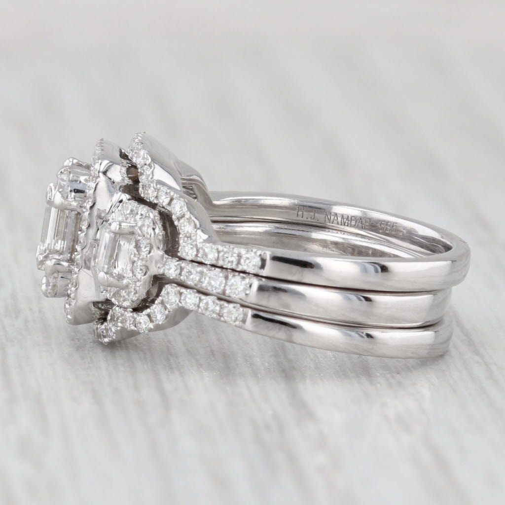 Light Gray 1.11ctw Diamond Halo Engagement Ring Wedding Bands Bridal Set 14k White Gold Size 5.5