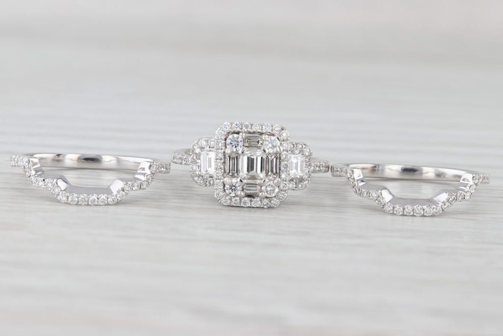 Light Gray 1.11ctw Diamond Halo Engagement Ring Wedding Bands Bridal Set 14k White Gold Size 5.5