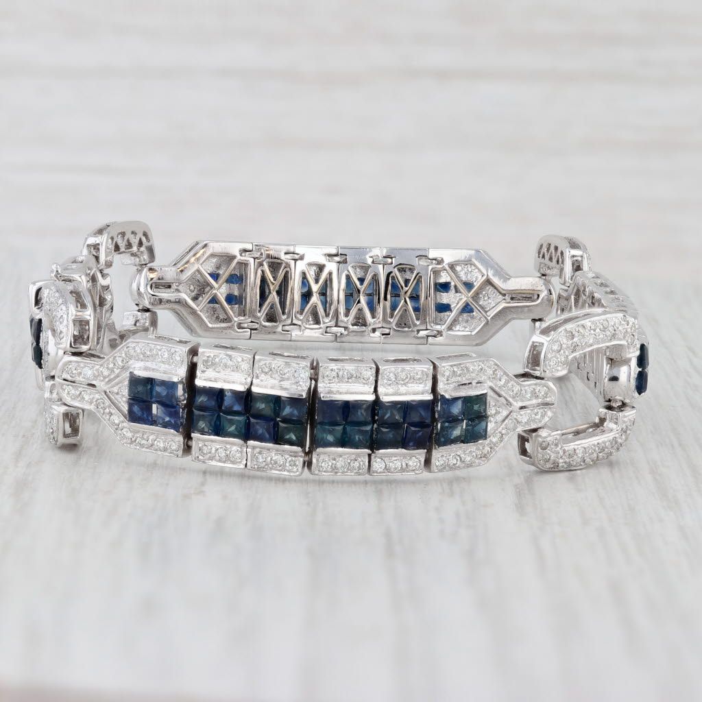 Light Gray 6.75ctw Blue Sapphire Diamond Bracelet 18k White Gold 7.75" 13.6mm