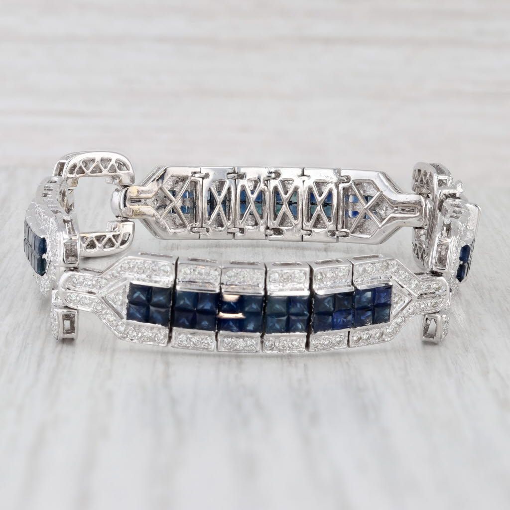Light Gray 6.75ctw Blue Sapphire Diamond Bracelet 18k White Gold 7.75" 13.6mm