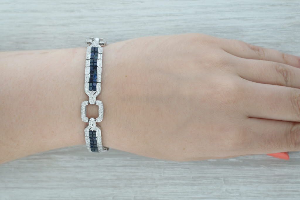 Dark Gray 6.75ctw Blue Sapphire Diamond Bracelet 18k White Gold 7.75" 13.6mm
