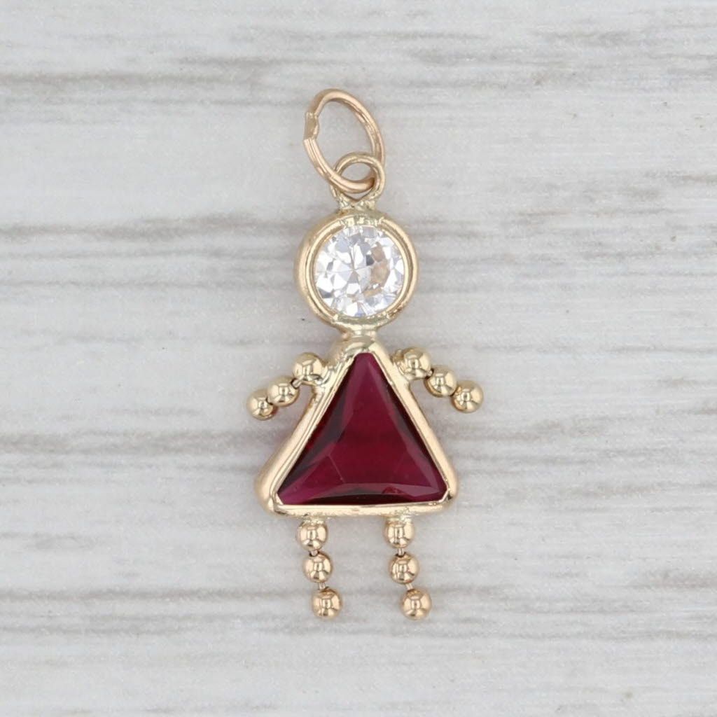 Light Gray Simulated Garnet Birthstone Girl Charm 14k Yellow Gold Cubic Zirconia Pendant