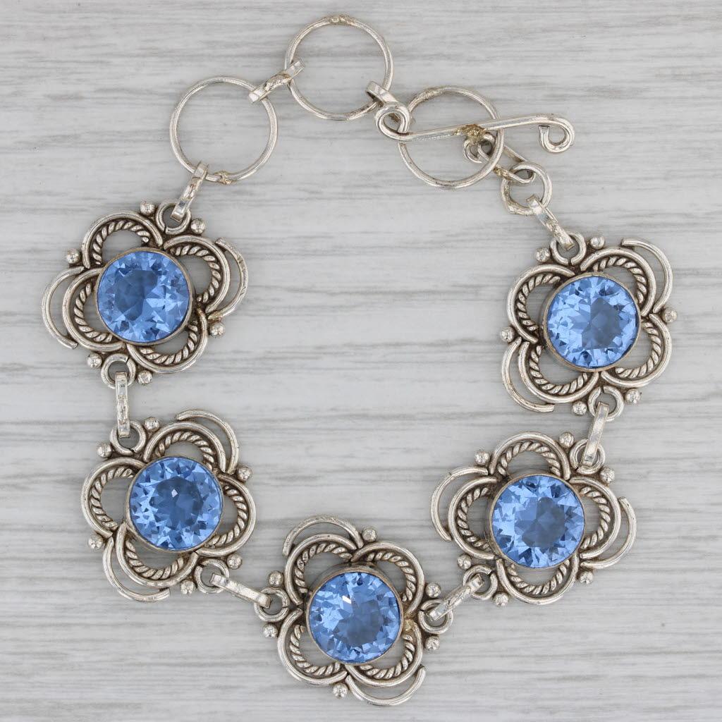 Vintage Blue Glass Flower Bracelet Sterling Silver Statement 7" 19.1mm