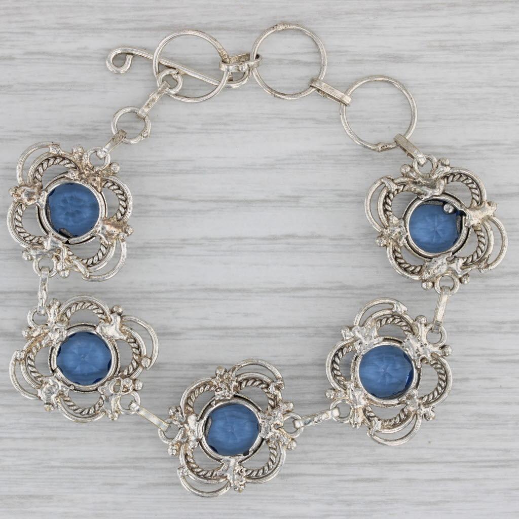Vintage Blue Glass Flower Bracelet Sterling Silver Statement 7" 19.1mm