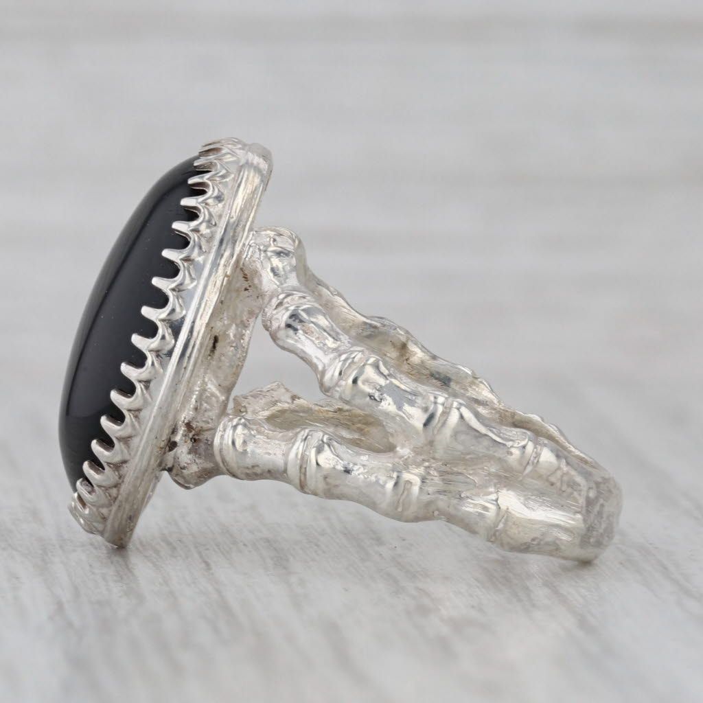 Gray Oval Onyx Cabochon Solitaire Bamboo Ring Sterling Silver Size 6.75
