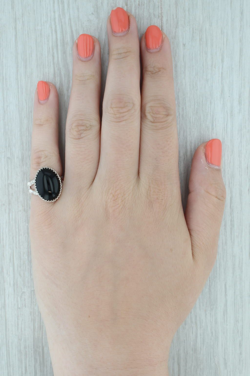 Gray Oval Onyx Cabochon Solitaire Bamboo Ring Sterling Silver Size 6.75