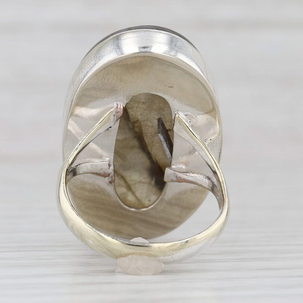 Light Gray Large Labradorite Oval Cabochon Statement Ring Sterling Silver Size 8.25