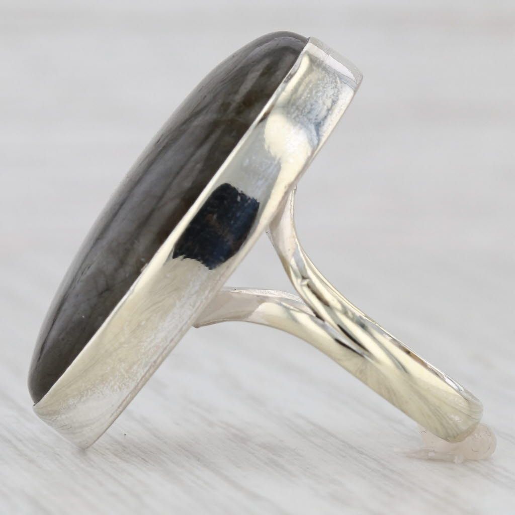 Light Gray Large Labradorite Oval Cabochon Statement Ring Sterling Silver Size 8.25