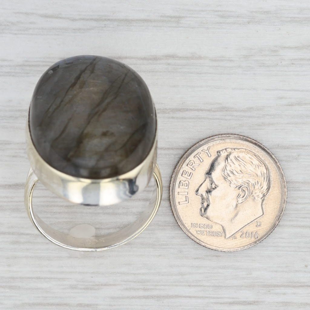 Light Gray Large Labradorite Oval Cabochon Statement Ring Sterling Silver Size 8.25