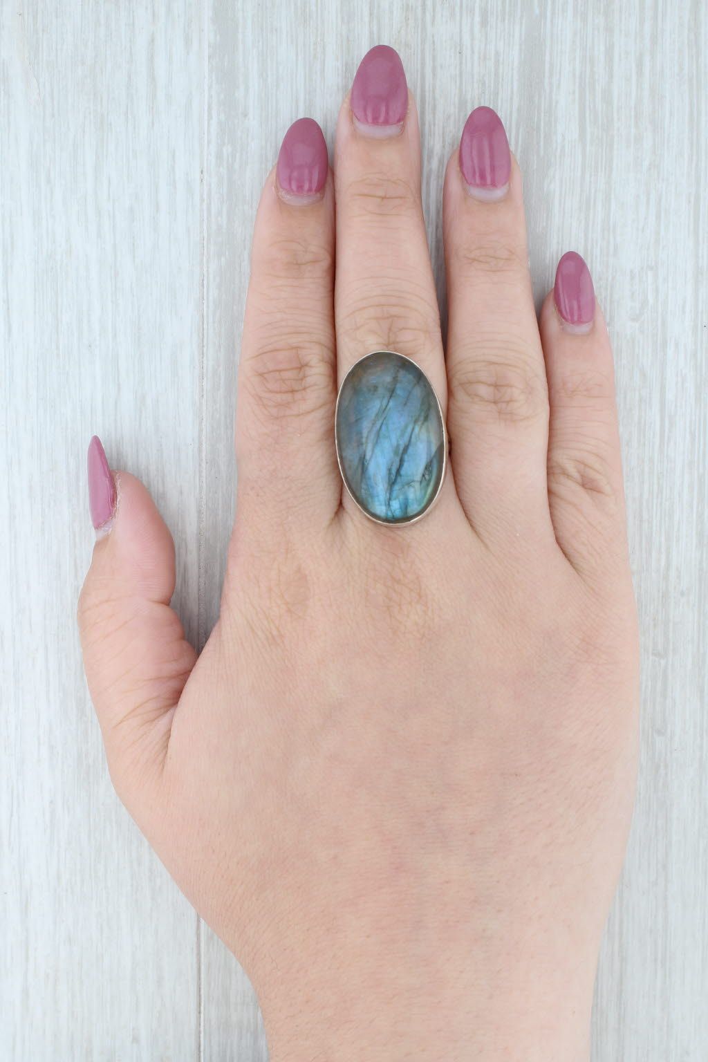 Light Gray Large Labradorite Oval Cabochon Statement Ring Sterling Silver Size 8.25