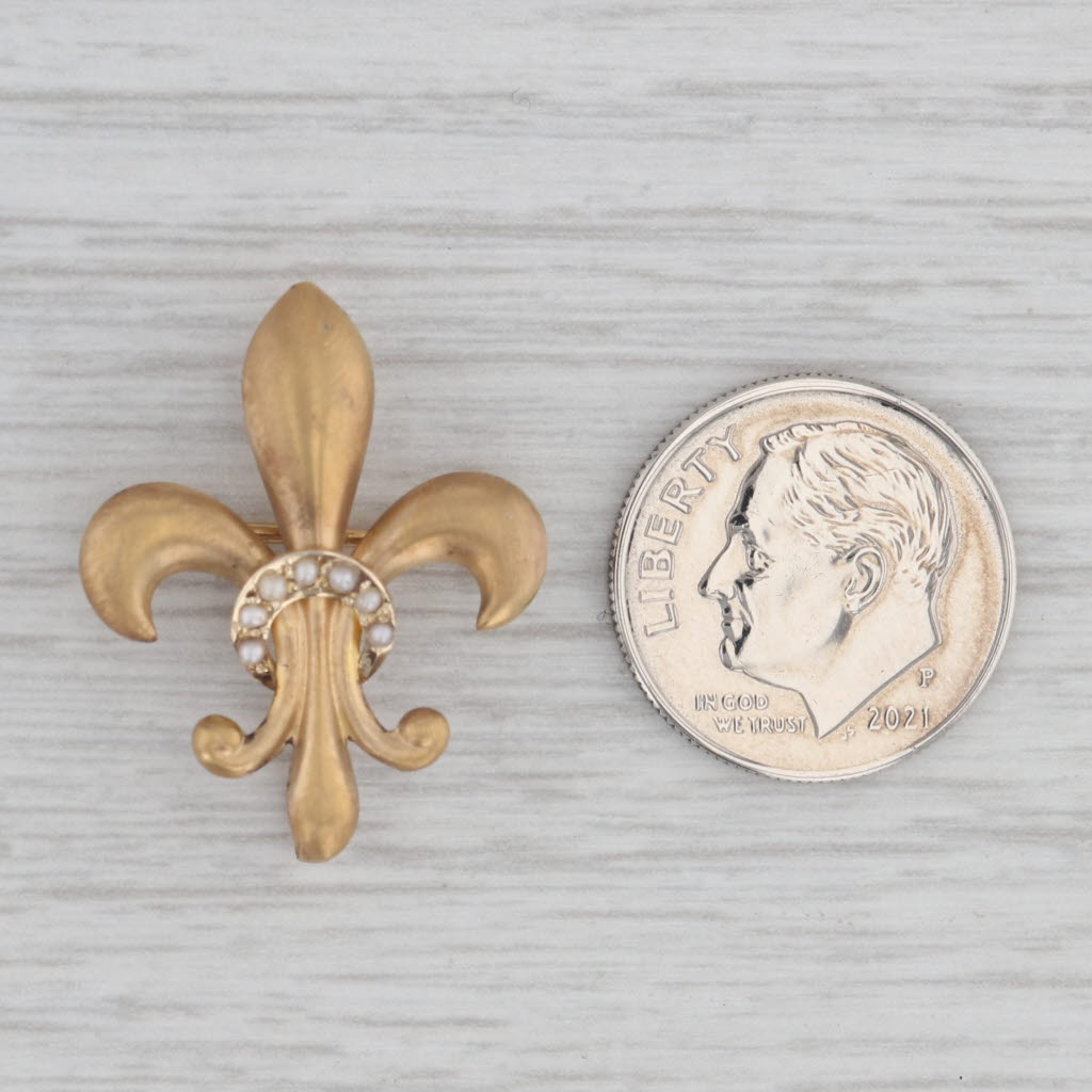 Gray Antique Fleur De Lis Pin 10K Yellow Gold Matte Seed Pearl Brooch