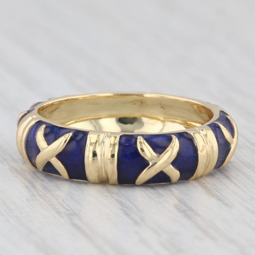 Light Gray Stackable Blue Enamel X Pattern Ring 18k Yellow Gold Band