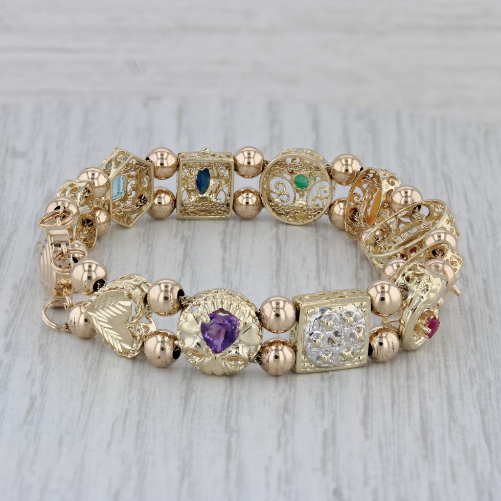 Gray Gemstones Slide Charm Bracelet 10k Gold 7.25" Cameo Amethyst Emerald Topaz Opal