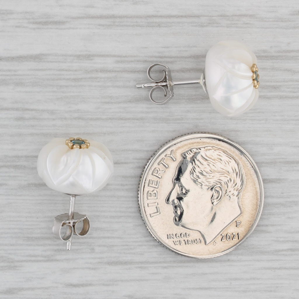 Gray New Cultured Pearl Morning Glory Flower Topaz Stud Earrings 14k Gold Galatea