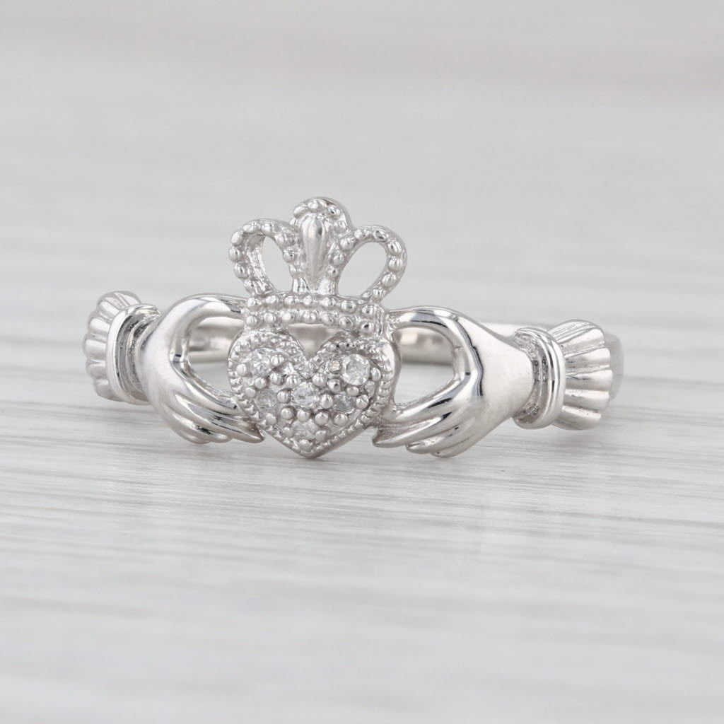 Diamond Accented Irish Claddagh Ring 10k White Gold Size 7.25