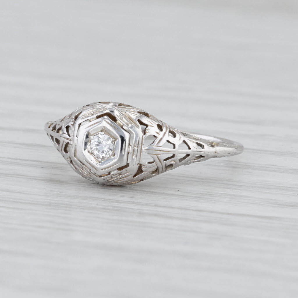Art Deco Diamond Solitaire Vintage Engagement Ring 18k White Gold Size 6.5