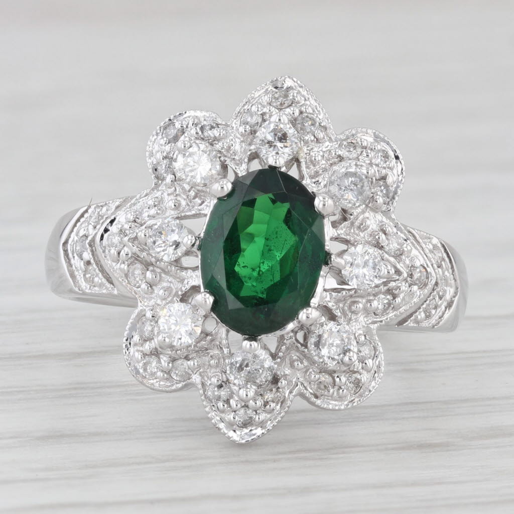 Light Gray 1.40ctw Oval Green Tsavorite Diamond Floral 14k White Gold Ring Size 7.25