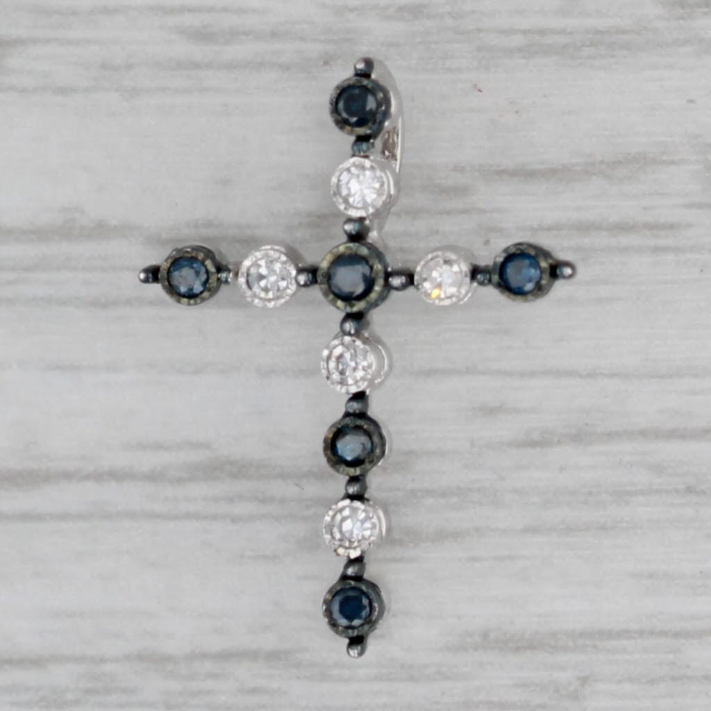 Gray New Blue White Diamond Cross Pendant 14k Yellow Gold