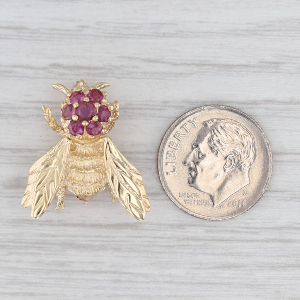 Light Gray 0.65ctw Ruby Bee Pin Pendant 14k Yellow Gold Insect Jewelry