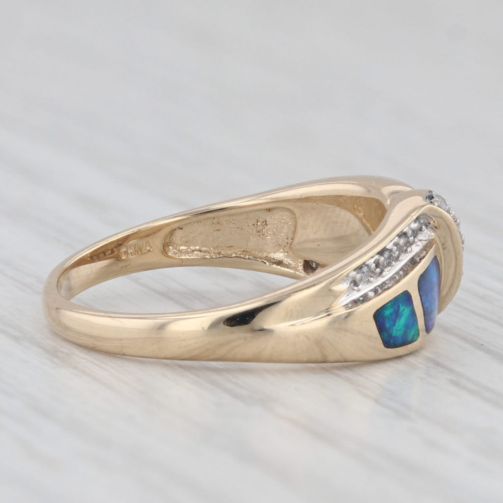 Light Gray Blue Green Opal Inlay Mosaic Diamond Ring 14k Yellow Gold Size 7.25