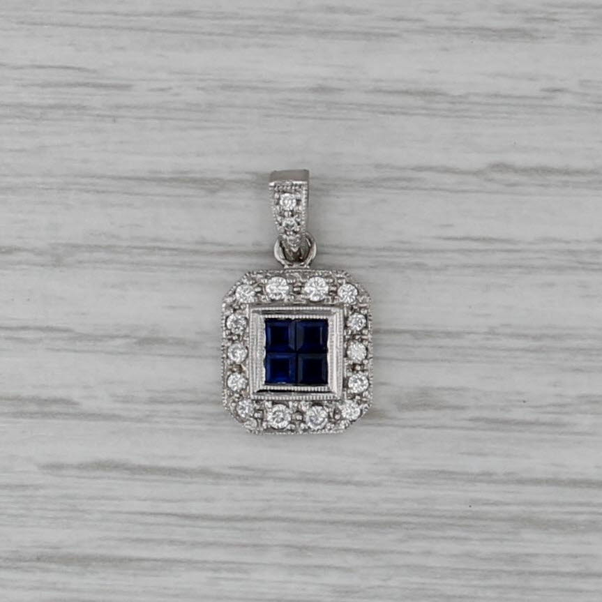 0.75ctw Blue Sapphire Diamond Halo Pendant 18k White Gold Small Drop