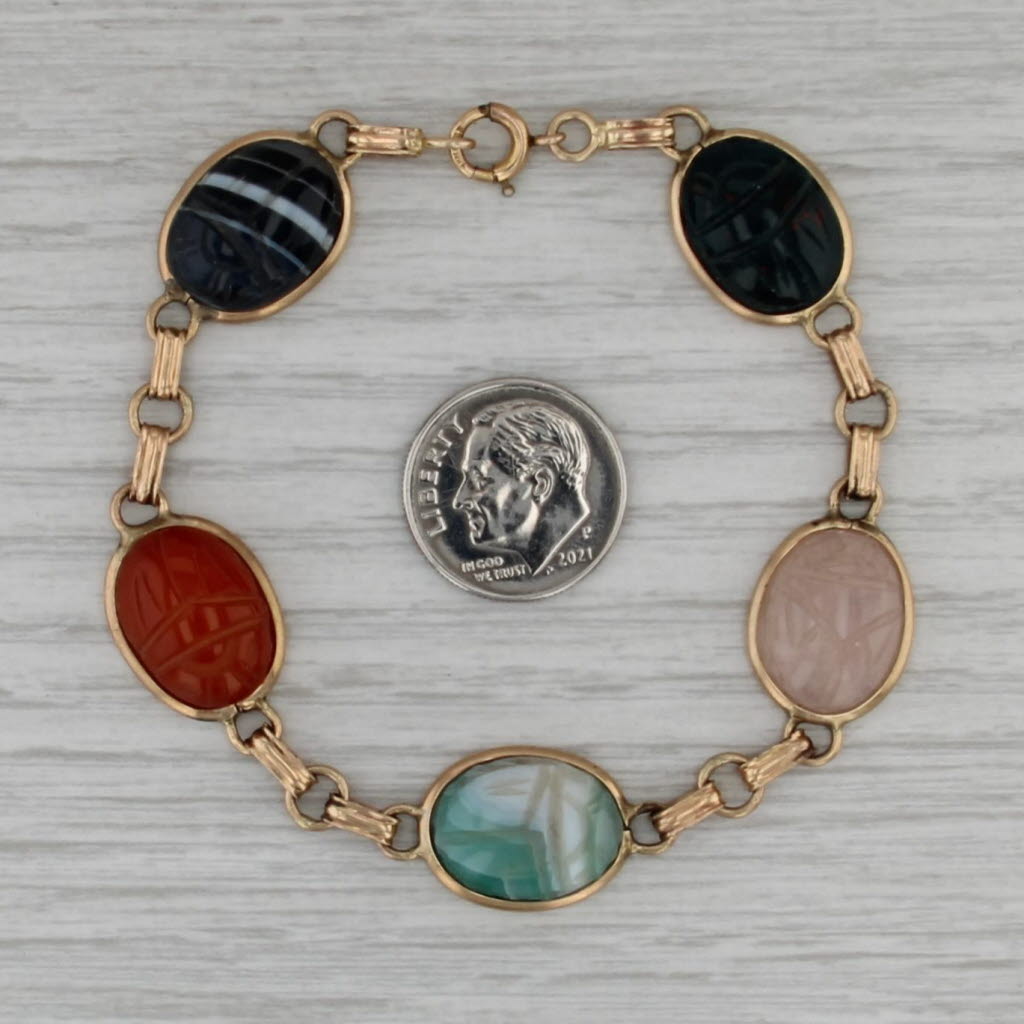 Vintage Carved Scarab Stone Bracelet 14k Gold Filled 6.75" Bloodstone Agate