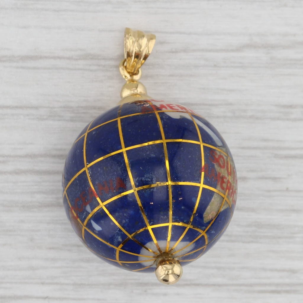 Spinning Globe Pendant 14k Yellow Gold Stone Mosaic Inlay Charm World Continents