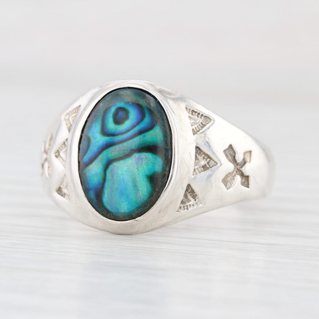 Vintage Green Abalone Ring Sterling Silver Size 12.75 Native American Wheeler