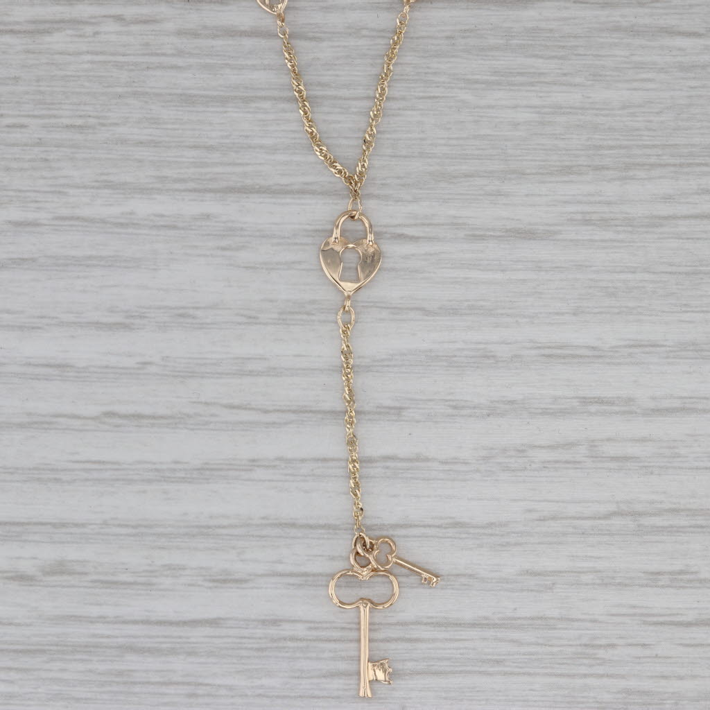 Gray Lock & Key Lavalier Necklace 14k Yellow Gold 17" Singapore Chain