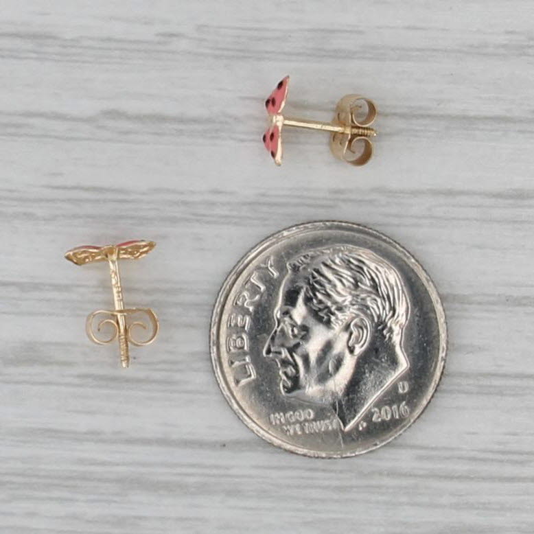 Little Butterfly Stud Earrings 14k Yellow Gold Pink Black Enamel Studs