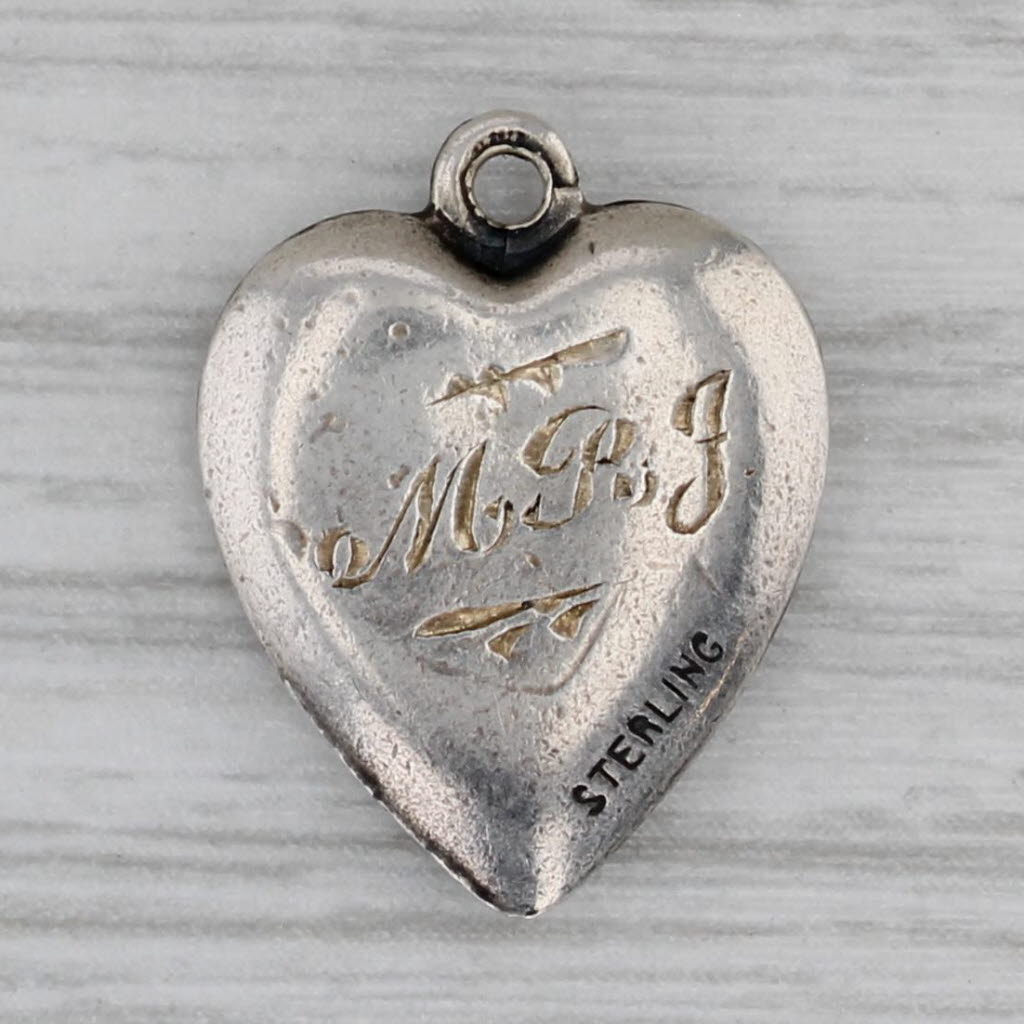 Gray American Flag Puffy Heart Charm Sterling Silver Vintage Engraved Keepsake