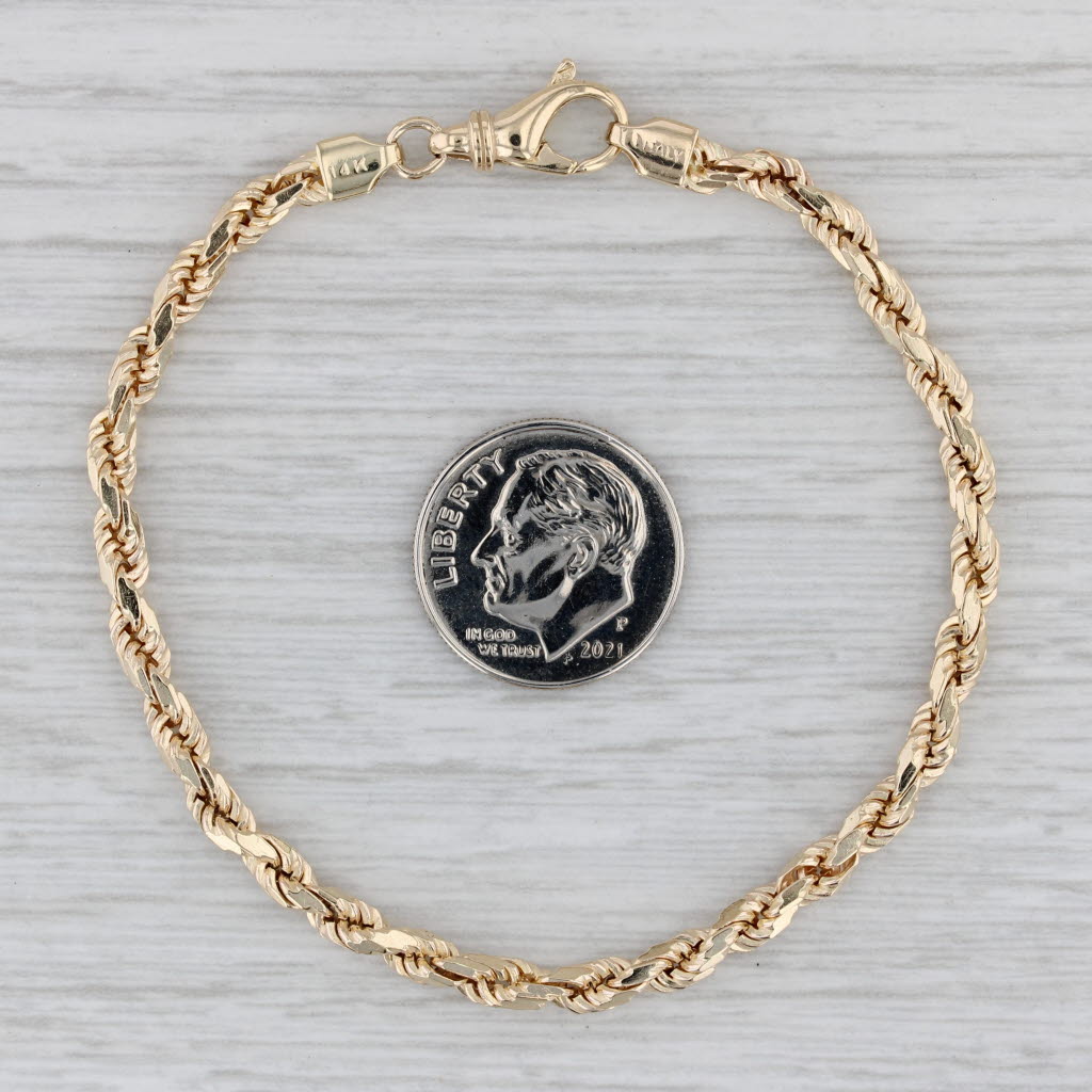 Gray Rope Chain Bracelet 14k Yellow Gold Lobster Clasp 7" 3.5mm