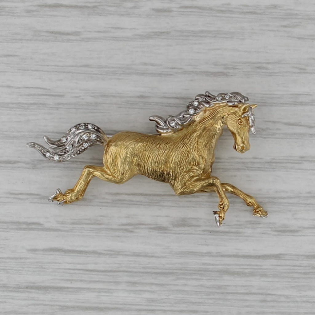 Vintage Diamond Galloping Horse Brooch Cropp & Farr 18k Gold Asprey Box