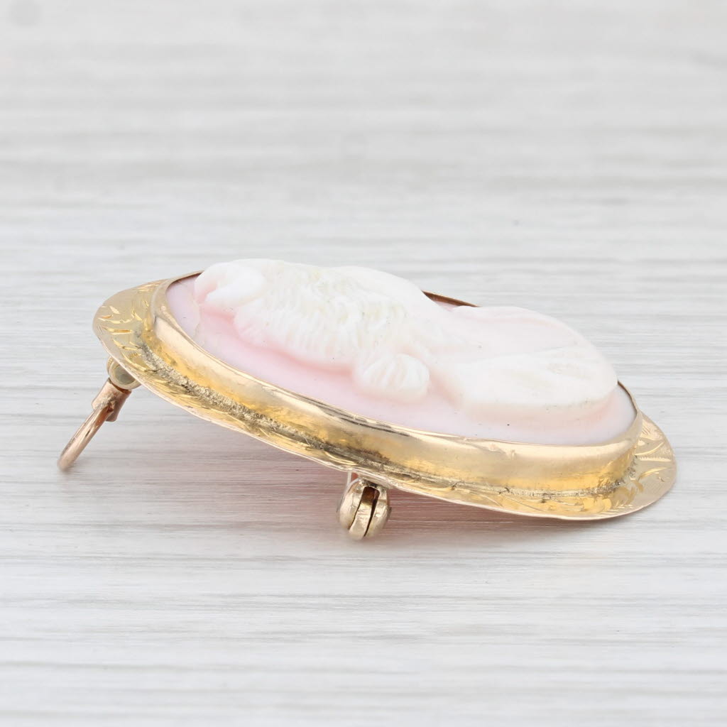 Light Gray Vintage Carved Pink Shell Cameo Brooch Pendant 14k Yellow Gold Pin