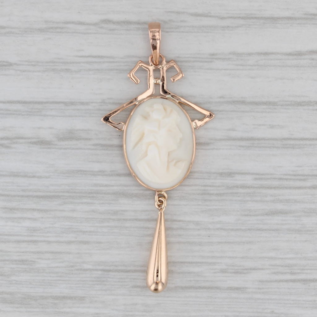 Vintage Carved Shell Cameo Pendant 10k Rose Gold Lariat