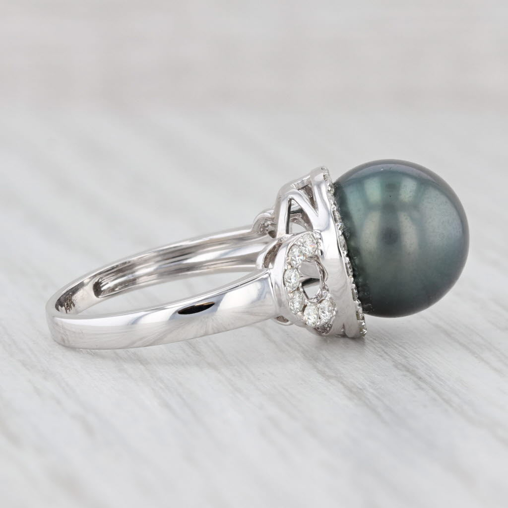Light Gray New Tahitian Black Pearl 0.55ctw Diamond Halo Ring 14k White Gold Size 7