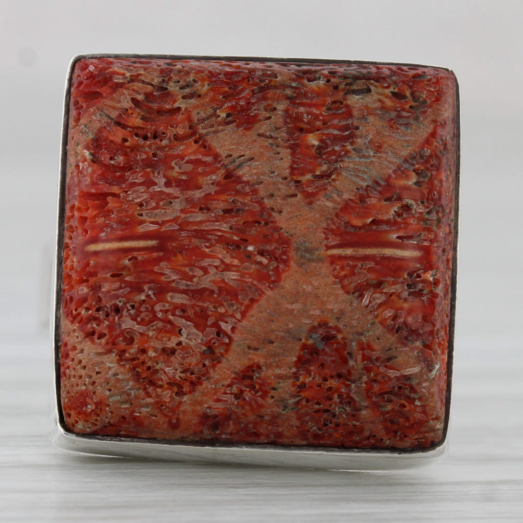 Saddle Brown Coral Square Cabochon Ring Sterling Silver Size 7.75