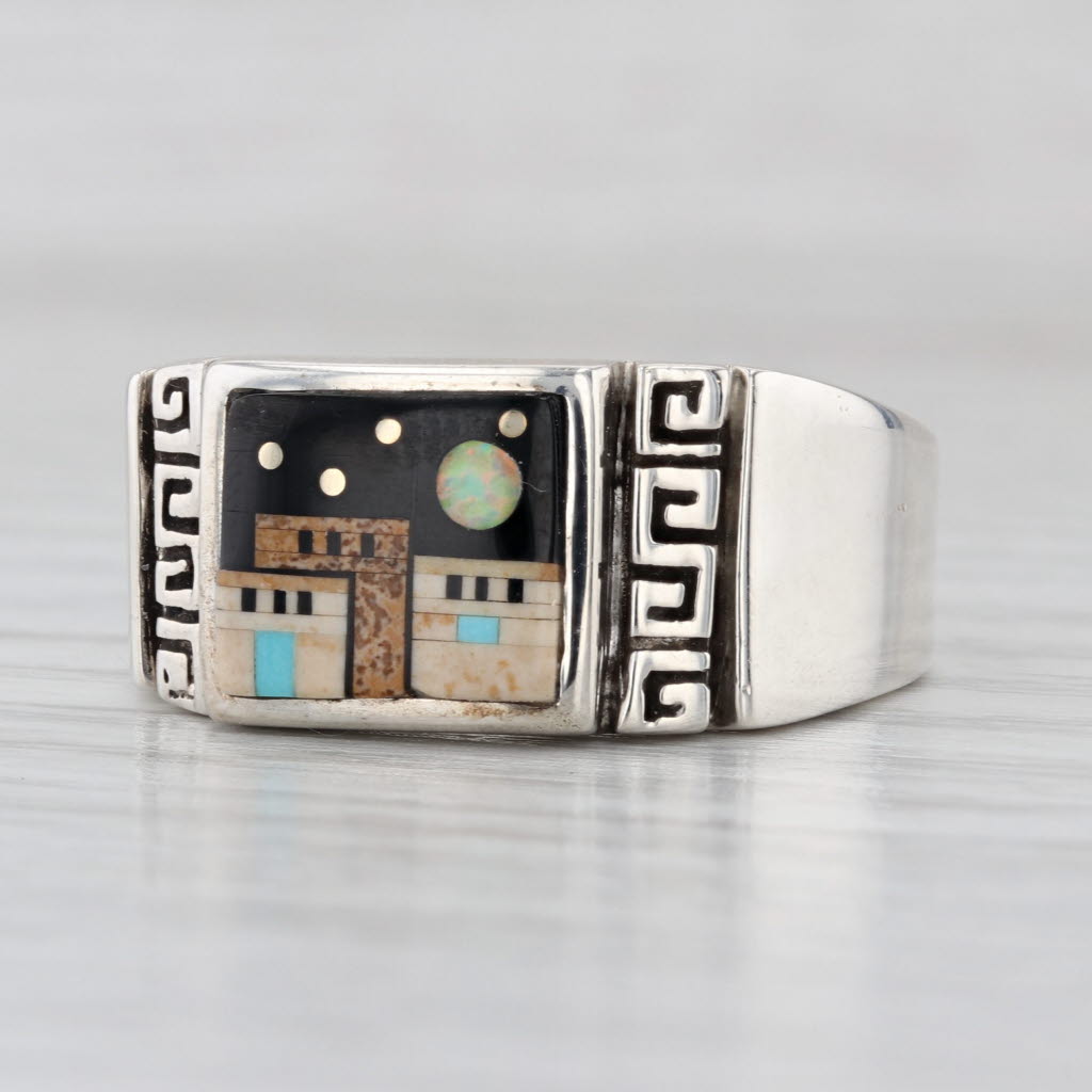 Stone Mosaic Night Town Scene Ring Sterling Silver Size 10.5 Native American