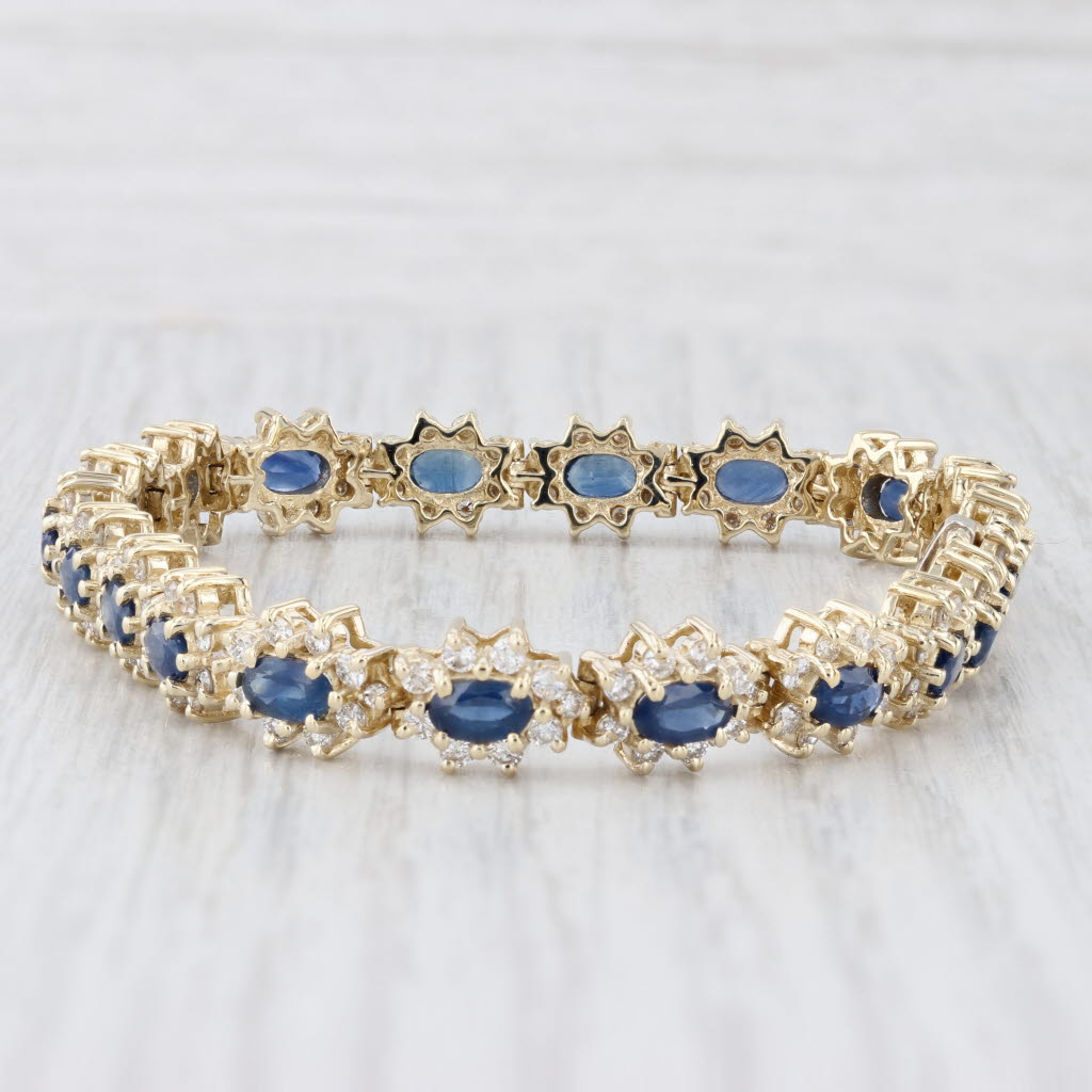 Light Gray Blue Sapphire Diamond Halo Tennis Bracelet 14k Yellow Gold 6.75" 7.6mm