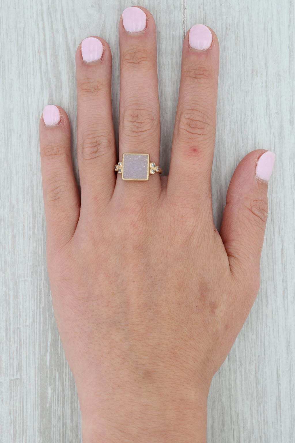 New Chloe Nina Wynn White Druzy Quartz Diamond Ring Brushed 18k Gold Size 7