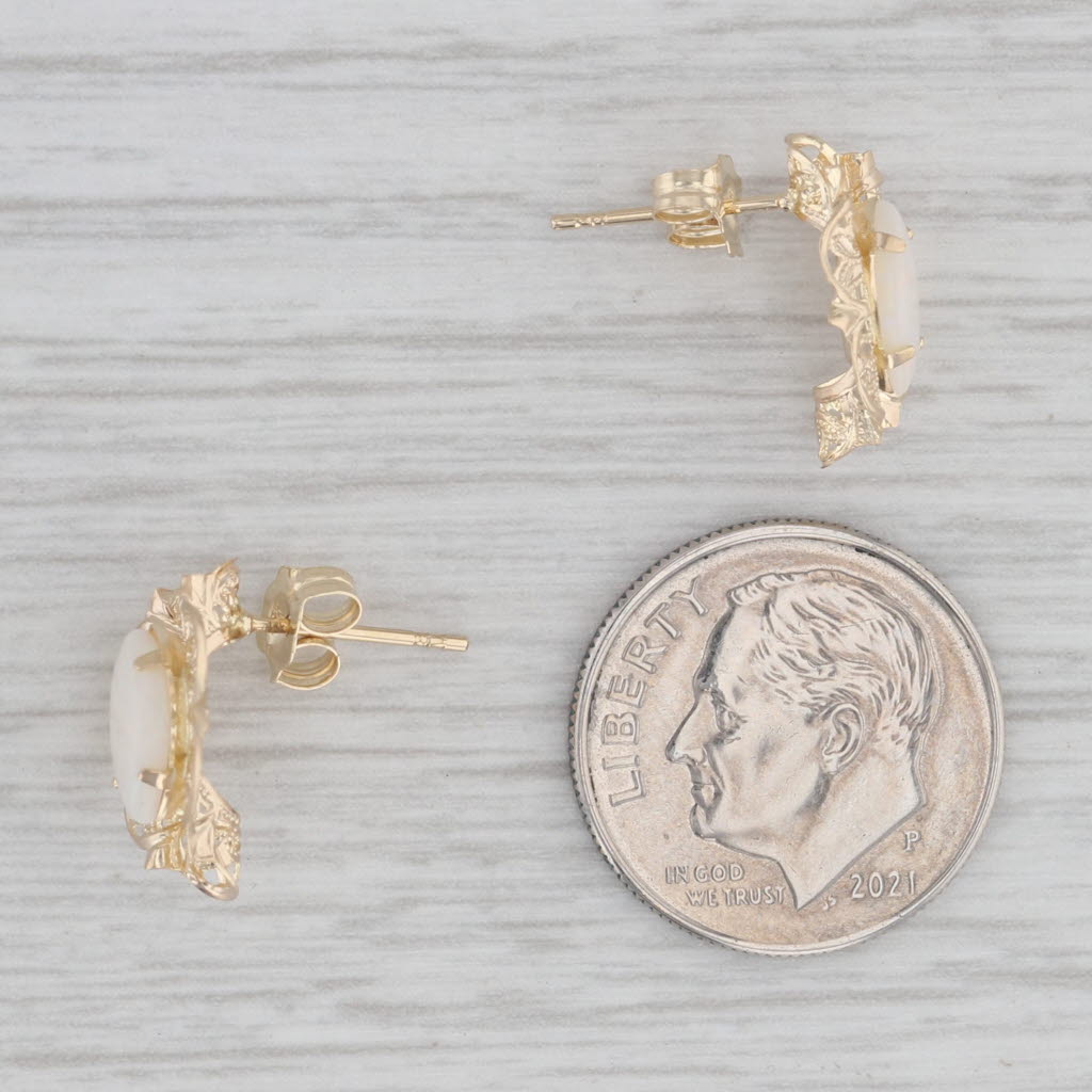 Gray Opal Flower Stud Earrings 14k Yellow Gold Marquise Cabochon Solitaires