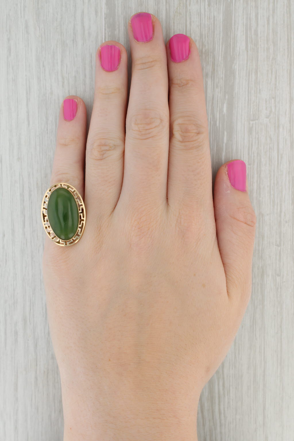 Gray Green Nephrite Jade Greek Key Halo Ring 14k Yellow Gold Size 6 Oval Cabochon