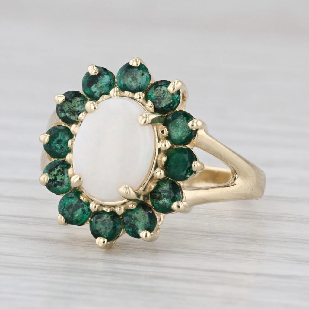 Opal Cabochon 1.20ctw Emerald Halo Ring 14k Yellow Gold Size 7