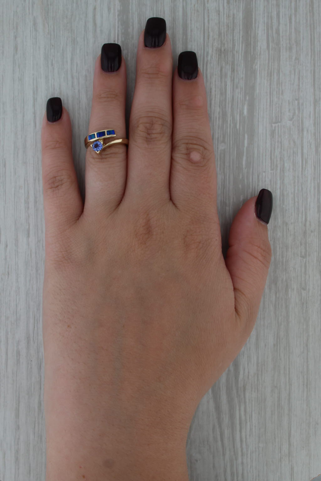 Opal Tanzanite Bypass Ring 14k Yellow Gold Size 5.5